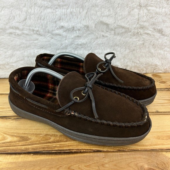 Nunn Bush Mens Size 10 Slippers Eddie Mocassin Brown Leather Faux Fur Plaid - Picture 2 of 14